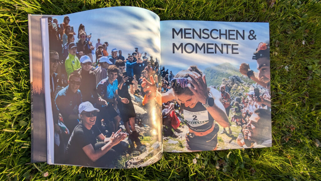 Kapitel 'Menschen & Momente' im Buch 'OFF TRACK' mit einer emotionalen Szene einer erschöpften Läuferin beim Zegama-Aizkorri Marathon.